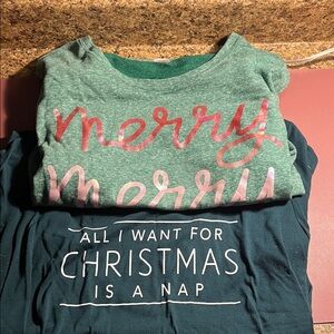 Apt. 9 Dark Green V-Neck Tee and a green sweatshirt that says Merry Merry Merry